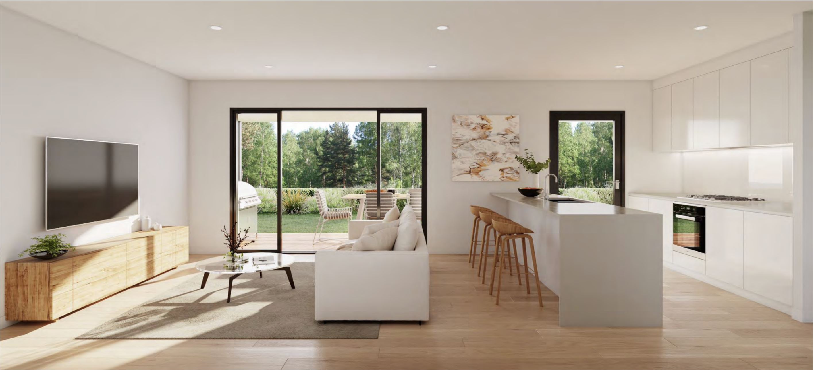 Open plan living, dining and kitchen