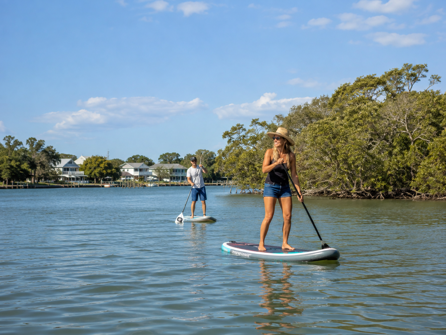 Paddleboarding on sheltered water near the island
