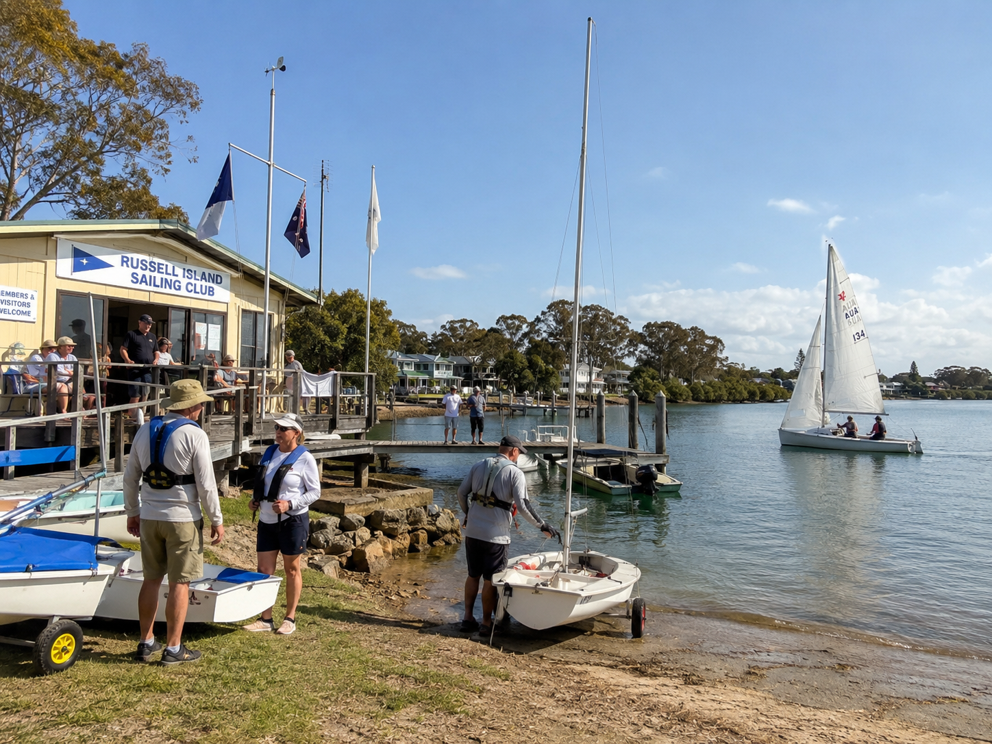 Russell Island Sailing Club with dinghies on the foreshore