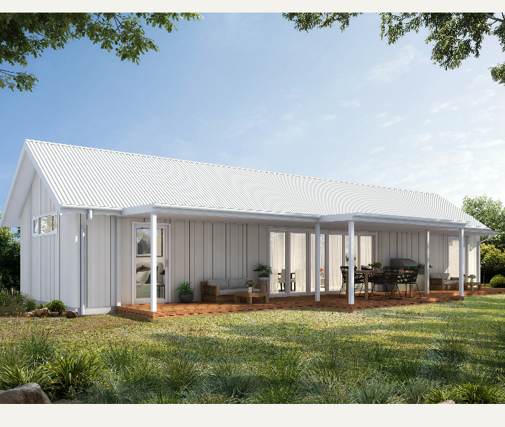 Front of a completed white single storey home