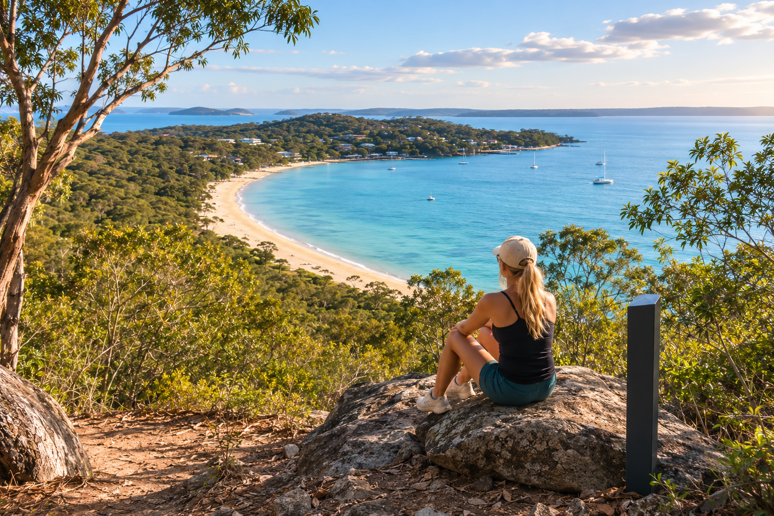 Lookout over bushland and a curved beach